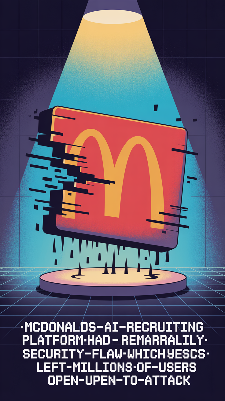 a-digital-illustration-depicts-a-stylize_gV68nh7UTC6Uz7JOBIqJsw_BmjzY24MRTOncKaUR0DfwQ マクドナルドAI採用プラットフォームに「123456」パスワード脆弱性――6,400万件の個人情報が危険に 終わり