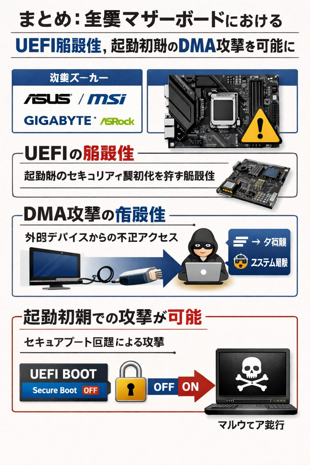 まとめ：主要マザーボードにおけるUEFI脆弱性、起動初期のDMA攻撃を可能に