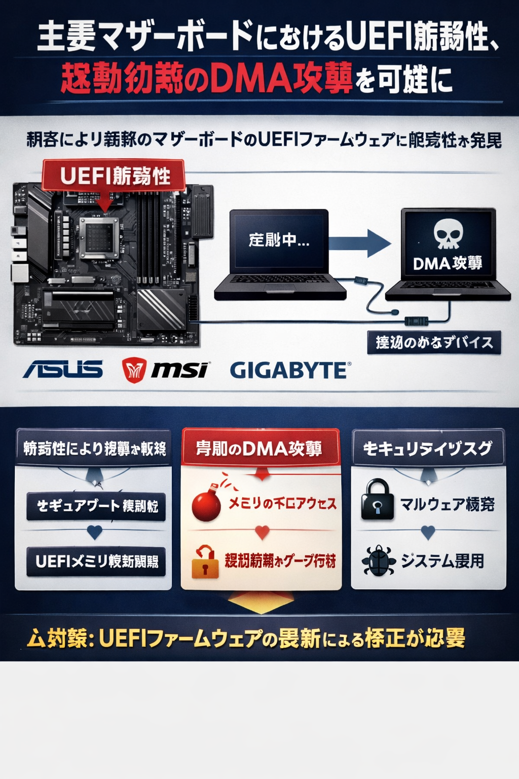 まとめ：主要マザーボードにおけるUEFI脆弱性、起動初期のDMA攻撃を可能に